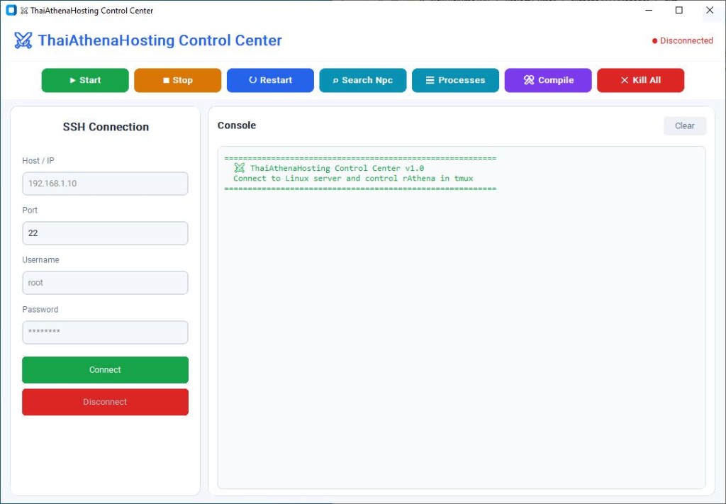 หน้าจอ ThaiAthenaHosting Control Center — rAthena SSH Manager