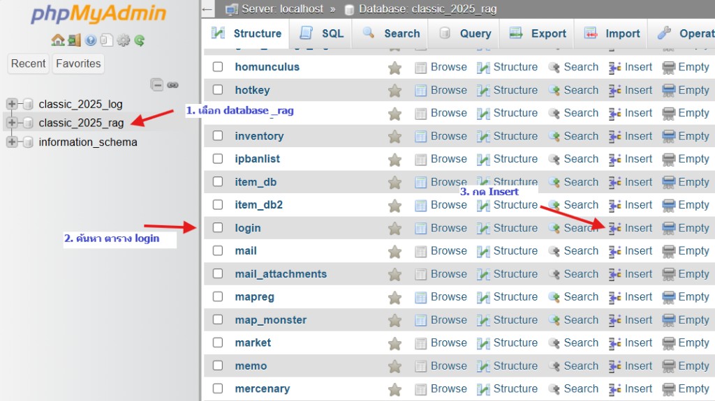 phpMyAdmin เลือก database _rag ตาราง login และกด Insert